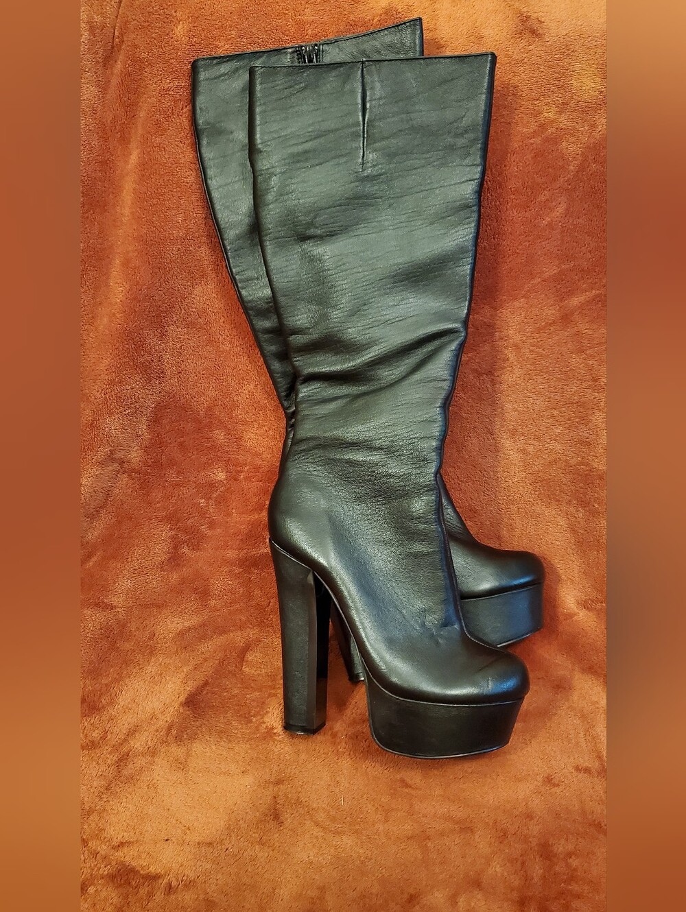 Women's Black Leather Knee-High Heel Platform Boots